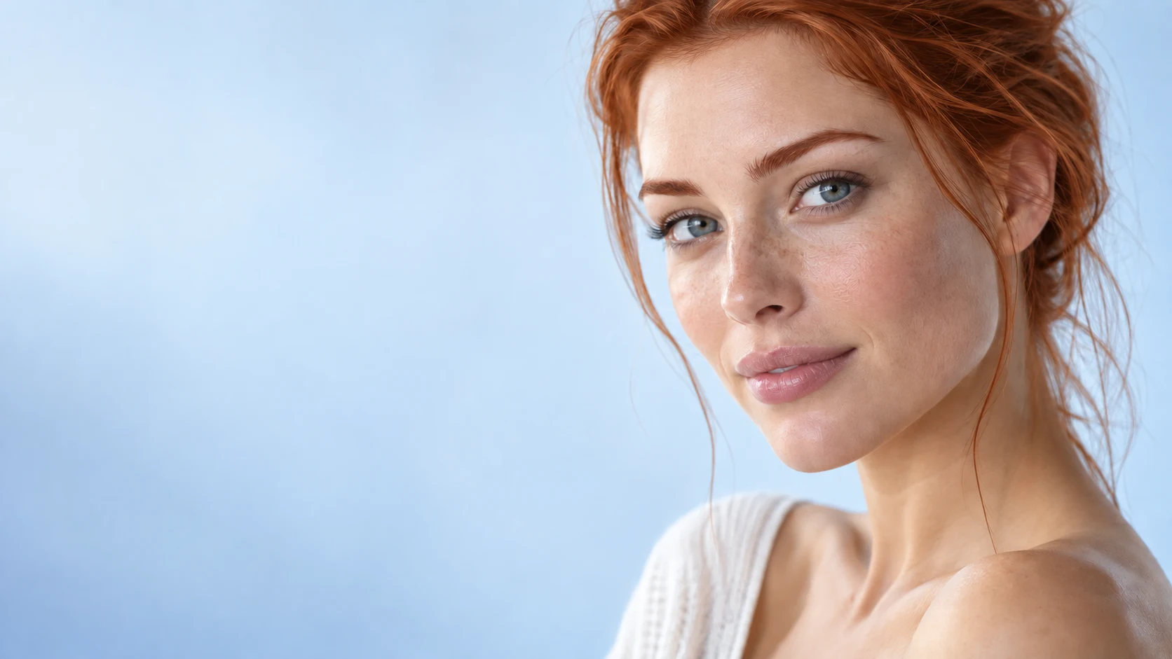 Mulher ruiva de olhos azul-acinzentados e sardas, sob luz suave